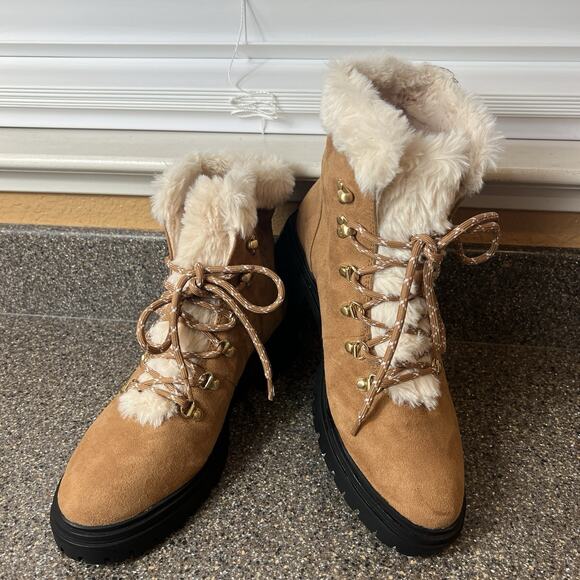 J.CREW Womens Sz 7.5 Faux Fur Lining Winter Hiking Boot Chestnut Brown Synthetic - Picture 1 of 9